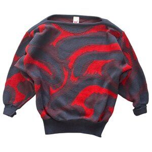 Vintage Mondi Abstract Red & Gray Patterned Sweater Knit Material Unisex Fit Lon